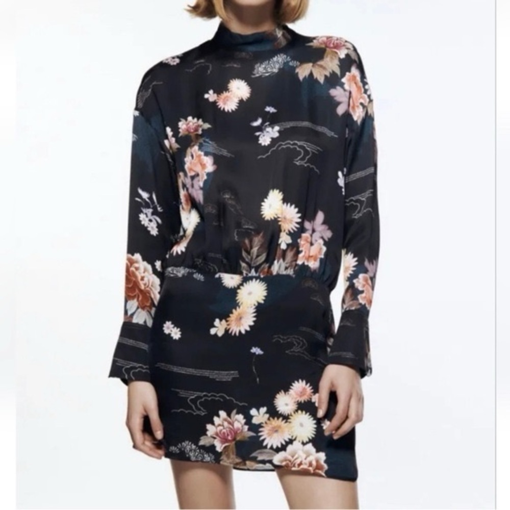 Zara Floral Black Satin Mini Dress